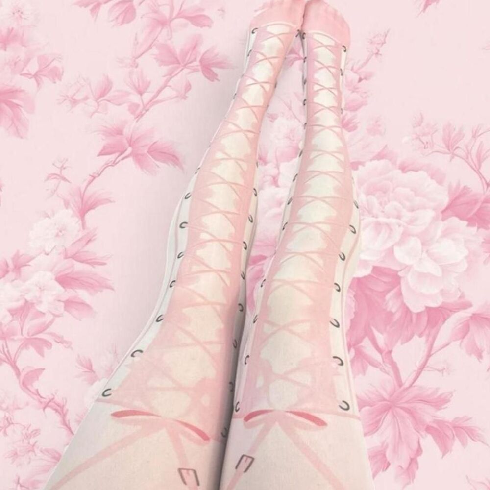 Pink Bow lace full legging stockings corset accent lace hosiery tights